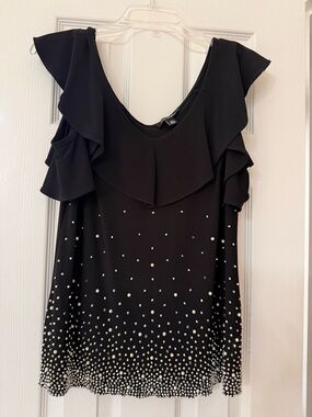Black Ruffle Sleeve Embellished Women’s Top